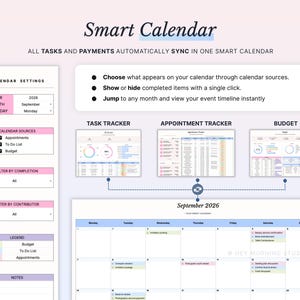 Pode incluir: Uma interface de calend&aacute;rio inteligente digital para setembro de 2026, com rastreador de tarefas, rastreador de compromissos e m&oacute;dulo de or&ccedil;amento. O layout inclui configura&ccedil;&otilde;es, filtros, uma legenda e uma visualiza&ccedil;&atilde;o mensal.