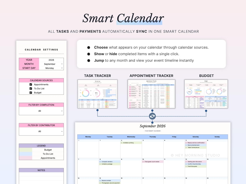 Pode incluir: Uma interface de calend&aacute;rio inteligente digital para setembro de 2026, com rastreador de tarefas, rastreador de compromissos e m&oacute;dulo de or&ccedil;amento. O layout inclui configura&ccedil;&otilde;es, filtros, uma legenda e uma visualiza&ccedil;&atilde;o mensal.