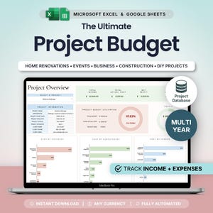 May include: A digital project budget template for Microsoft Excel and Google Sheets displayed on a laptop screen. The interface features a project overview, budget utilization charts, and cost breakdowns for income and expenses tracking.