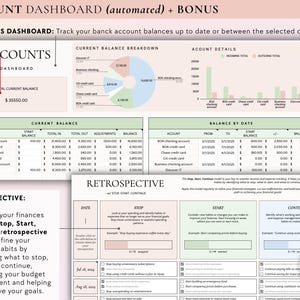 May include: A pink and green printable budget worksheet with a chart showing current balance breakdown, a table showing account details, and a table showing balance by date. The worksheet also includes a section called "Retrospective" with a Stop, Start, Continue model to help you optimise your finances.