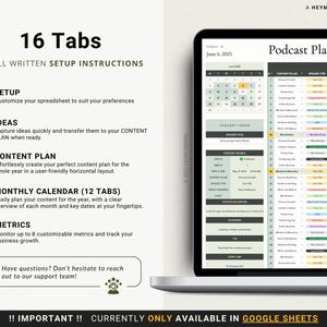 May include: A digital podcast planner on a laptop screen. The planner features 16 tabs, setup instructions, and a monthly calendar. The screen displays a calendar for June 2025 and a detailed content plan. The text on the screen says "Podcast Planner".