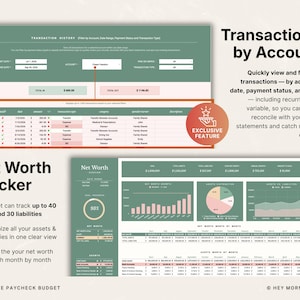 Puede incluir: Una hoja de c&aacute;lculo financiera digital con un esquema de color verde y blanco. La hoja de c&aacute;lculo incluye secciones para el historial de transacciones, el seguimiento del patrimonio neto y el an&aacute;lisis financiero. El texto incluye "Transacciones por cuenta".