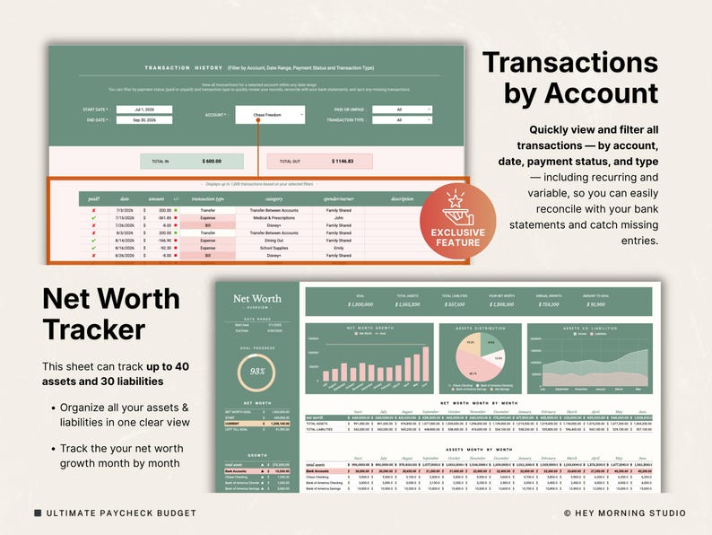 Puede incluir: Una hoja de c&aacute;lculo financiera digital con un esquema de color verde y blanco. La hoja de c&aacute;lculo incluye secciones para el historial de transacciones, el seguimiento del patrimonio neto y el an&aacute;lisis financiero. El texto incluye "Transacciones por cuenta".