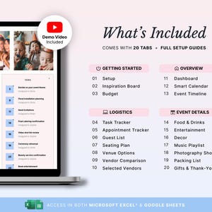Pode incluir: Uma planilha digital de planejamento de eventos exibida em uma tela de laptop, com 20 abas incluindo Getting Started, Overview, Logistics e Event Details. A interface inclui rastreadores de tarefas, ferramentas de or&ccedil;amento e um v&iacute;deo.