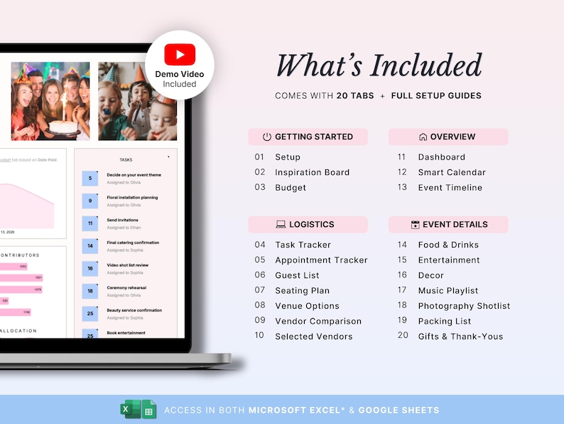 Pode incluir: Uma planilha digital de planejamento de eventos exibida em uma tela de laptop, com 20 abas incluindo Getting Started, Overview, Logistics e Event Details. A interface inclui rastreadores de tarefas, ferramentas de or&ccedil;amento e um v&iacute;deo.