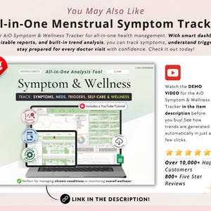 May include: A Google Sheets spreadsheet template for tracking menstrual symptoms, medications, triggers, self-care, and wellness. The template includes a YouTube tutorial and is labelled "All-in-One Analysis Tool: Symptom & Wellness".