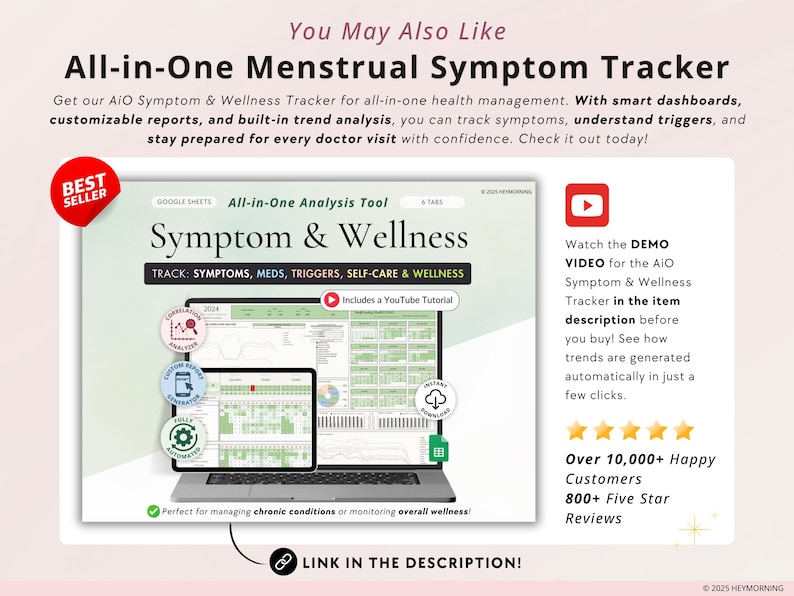 May include: A Google Sheets spreadsheet template for tracking menstrual symptoms, medications, triggers, self-care, and wellness. The template includes a YouTube tutorial and is labelled "All-in-One Analysis Tool: Symptom & Wellness".