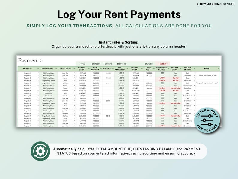 Spreadsheet huurbetalingen Huurdersgrootboek Google Spreadsheets Verhuurder Rent Tracker Huurderstracker Property Rent Tracker Boekhoudsjabloon afbeelding 5