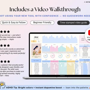 Może przedstawiać: Ekran laptopa wyświetla kolorowy interfejs planera z wykresami i grafikami. Tekst zawiera "Includes a Video Walkthrough" i recenzje klient&oacute;w. Widoczna jest ikona YouTube, sugerująca samouczki wideo.