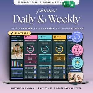 Weekly Planner Dark Mode Daily Schedule Google Sheets ADHD To Do Checklist Spreadsheet Weekly Time Blocking Productivity Template Excel