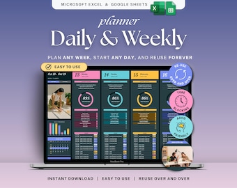 Weekly Planner Dark Mode Daily Schedule Google Sheets ADHD To Do Checklist Spreadsheet Weekly Time Blocking Productivity Template Excel