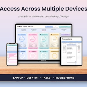 May include: A digital Sinking Funds Tracker displayed on a laptop, tablet, and mobile phone. The screen shows financial data, progress bars, and transaction lists with various pastel-colored categories. The text reads Access Across Multiple Devices.