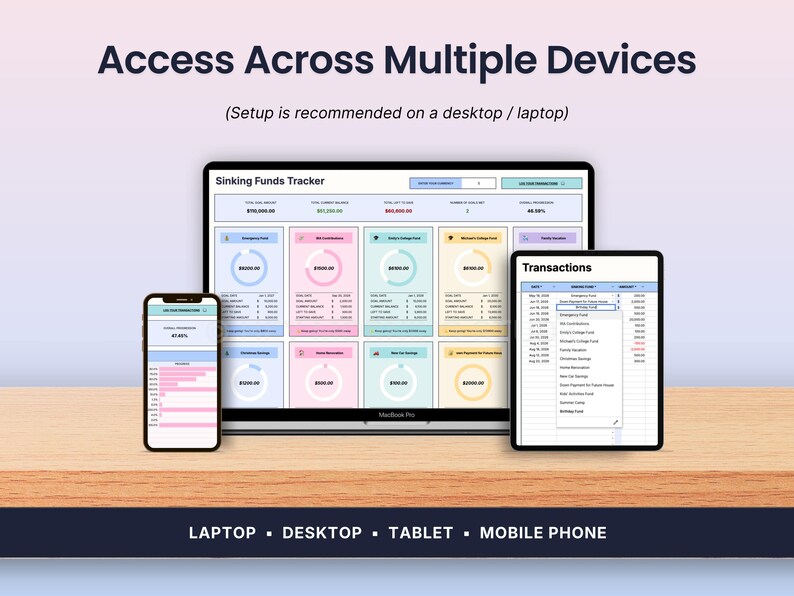 May include: A digital Sinking Funds Tracker displayed on a laptop, tablet, and mobile phone. The screen shows financial data, progress bars, and transaction lists with various pastel-colored categories. The text reads Access Across Multiple Devices.