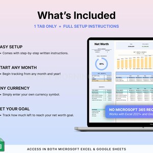 Pode incluir: Um ecr&atilde; de computador port&aacute;til mostra uma folha de c&aacute;lculo financeira intitulada "Net Worth". O ecr&atilde; mostra gr&aacute;ficos, gr&aacute;ficos e tabelas de dados. O texto no ecr&atilde; inclui "Easy Setup", "Start Any Month" e "Any Currency". O texto "No Microsoft 365 Required" tamb&eacute;m &eacute; vis&iacute;vel.