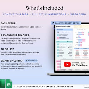 Assignment Tracker Google Sheets Excel Student Planner Spreadsheet School Assignment Homework Organizer Academic Calendar Study Tracker image 2