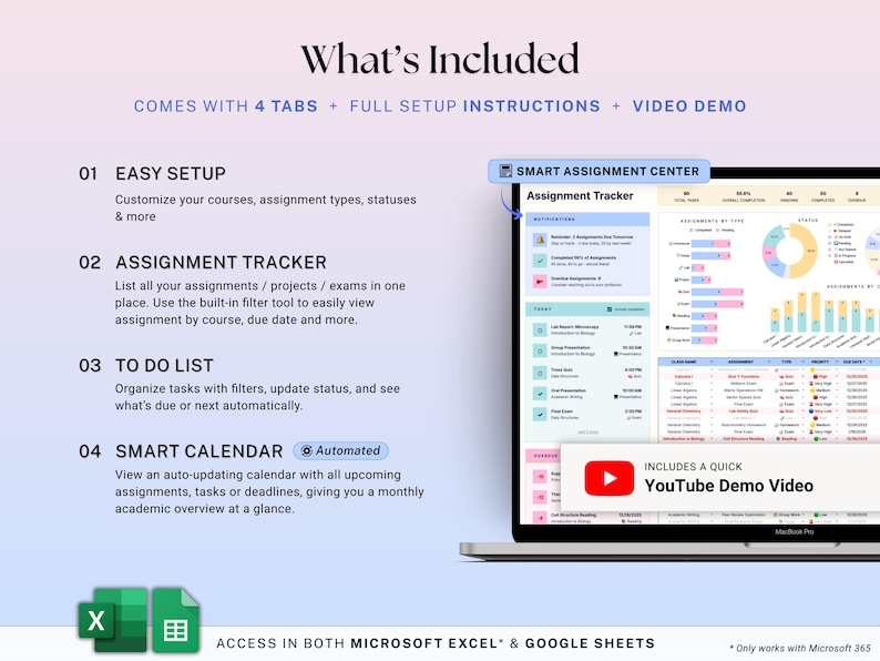 Assignment Tracker Google Sheets Excel Student Planner Spreadsheet School Assignment Homework Organizer Academic Calendar Study Tracker image 2