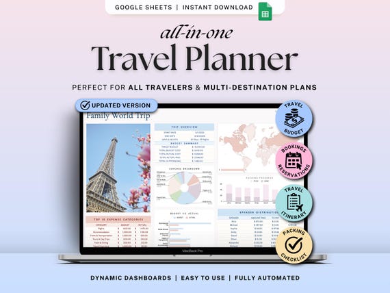 Travel Planner Google Sheets Vacation Planning Spreadsheet Trip Itinerary Travel Budget Tracker Packing List Holiday Checklist Bucket List