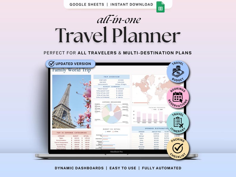Travel Planner Google Sheets Vacation Planning Spreadsheet Trip Itinerary Travel Budget Tracker Packing List Holiday Checklist Bucket List image 1