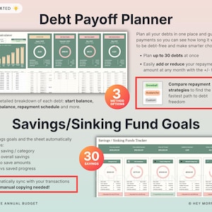 Może przedstawiać: Cyfrowy planista finansowy zatytułowany "Debt Payoff Planner" na jasnym tle. Planista zawiera sekcje dotyczące spłaty zadłużenia, cel&oacute;w oszczędnościowych i synchronizacji transakcji. Tekst podkreśla funkcje, takie jak planowanie do 30 dług&oacute;w.