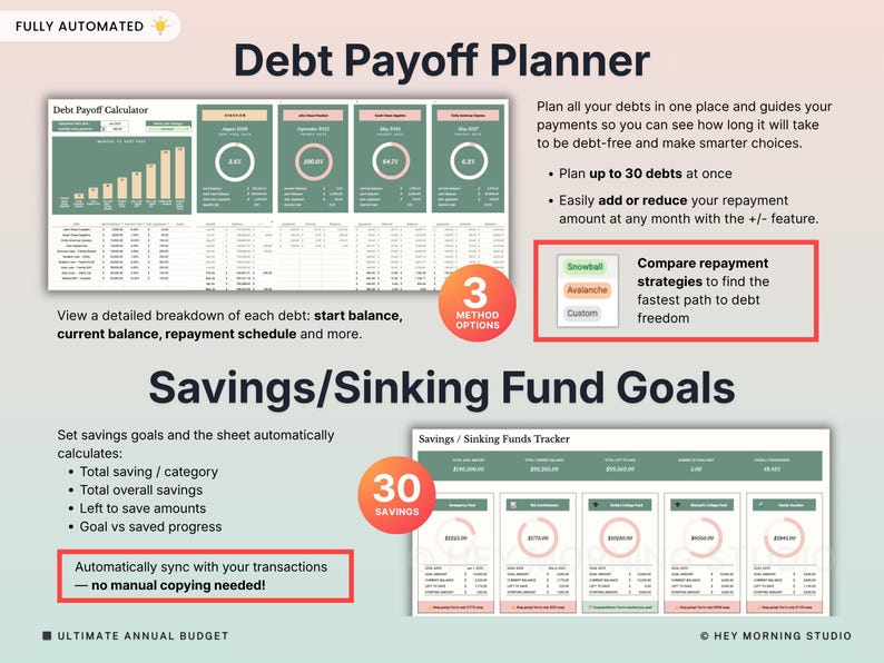 Może przedstawiać: Cyfrowy planista finansowy zatytułowany "Debt Payoff Planner" na jasnym tle. Planista zawiera sekcje dotyczące spłaty zadłużenia, cel&oacute;w oszczędnościowych i synchronizacji transakcji. Tekst podkreśla funkcje, takie jak planowanie do 30 dług&oacute;w.