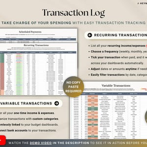 May include: A digital financial planning tool titled "Transaction Log" is displayed. The image shows a spreadsheet interface with sections for recurring and variable transactions. Text highlights features like easy tracking, filtering, and a demo video.