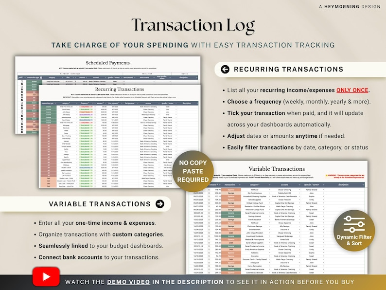 May include: A digital financial planning tool titled "Transaction Log" is displayed. The image shows a spreadsheet interface with sections for recurring and variable transactions. Text highlights features like easy tracking, filtering, and a demo video.