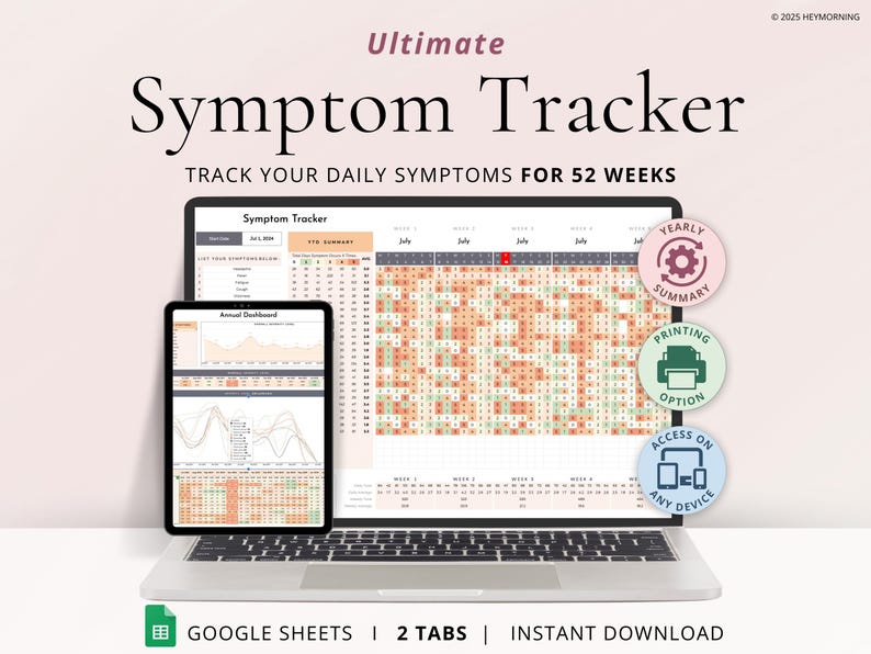 Symptom Tracker, track your daily symptoms for up to 52 weeks; Lifetime usability; Includes a tracker tab, an Annual Symptom Severity Dashboard and printing instructions; Google Sheets; Use it for Chronic, ADHD, Stress, Anxiety symptoms and more