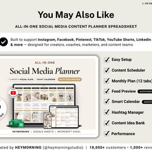 May include: An all-in-one social media planner spreadsheet, displayed on a laptop, tablet, and phone. The image shows the planner interface with features like content scheduling and a hashtag manager. The text reads "Social Media Planner".