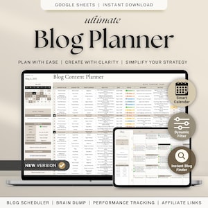 May include: A digital blog planner displayed on a laptop and tablet. The planner includes features like a smart calendar, dynamic filter, and instant blog finder. Text on the screen reads "Blog Content Planner". The image also includes the text "ultimate Blog Planner".