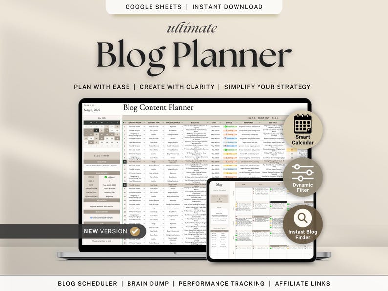 May include: A digital blog planner displayed on a laptop and tablet. The planner includes features like a smart calendar, dynamic filter, and instant blog finder. Text on the screen reads "Blog Content Planner". The image also includes the text "ultimate Blog Planner".
