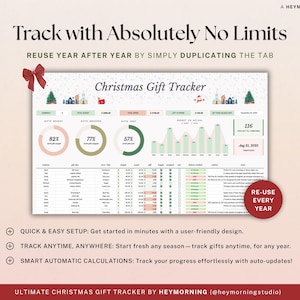 May include: A digital Christmas Gift Tracker with the text "Track with Absolutely No Limits." The spreadsheet shows gift budget, gifts bought, wrapped, and sent. Includes a red bow and a "Re-use Every Year" button.