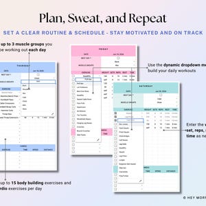 Workout Planner Google Sheets Excel Exercise Tracker Spreadsheet Fitness Planner Gym Checklist Weightlifting Training Calendar Pilates image 4