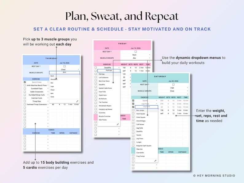 Workout Planner Google Sheets Excel Exercise Tracker Spreadsheet Fitness Planner Gym Checklist Weightlifting Training Calendar Pilates image 4