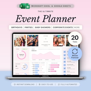 Peut inclure: Un modèle de planificateur d'événements numérique pour Microsoft Excel et Google Sheets affiché sur un écran d'ordinateur portable. L'interface présente des graphiques roses et bleus, des barres de progression et des photos. Texte : Event Planner.