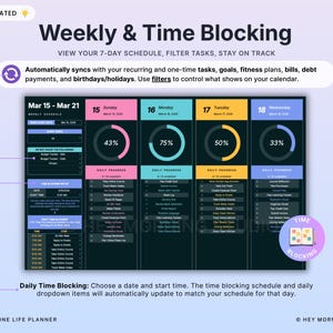 以下が含まれることがあります： 「Weekly & Time Blocking」のテキストが表示されたデジタルプランナーインターフェース。インターフェースは、進捗インジケーター付きの7日間のスケジュールを表示します。テキストには「定期的なタスク、目標、フィットネスプラン、請求書、負債などと自動的に同期します」と記載されています。