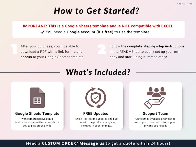 May include: A pink and white graphic with the text "How to Get Started?" and "What's Included?"  The graphic shows three icons: a Google Sheets spreadsheet, a checkmark inside a circle with arrows, and a hand holding three people. The text "IMPORTANT: This is a Google Sheets template and is NOT compatible with EXCEL" is in red. The text "You need a Google account (it's free) to use the template" is in black.