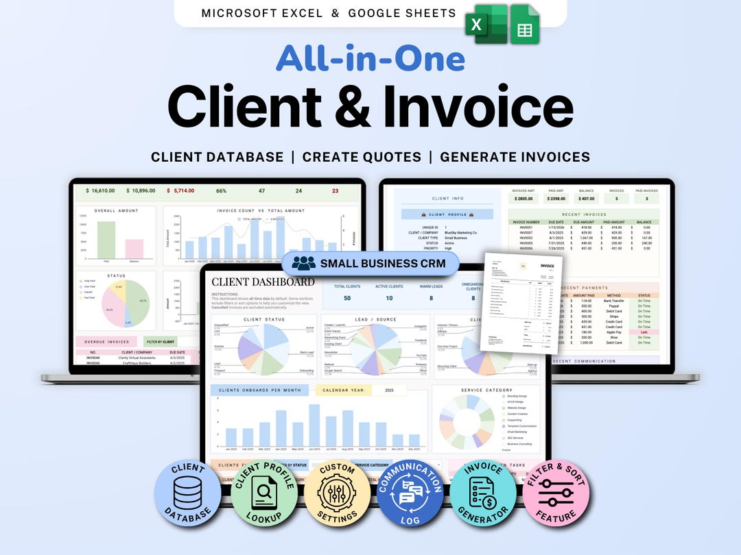 Invoice & Client Tracker Spreadsheet for Small Business CRM Google ...