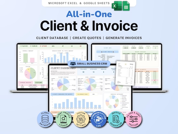 Invoice & Client Tracker Spreadsheet for Small Business CRM Google Sheets Invoice Tracker Generator Excel Lead Management Payment Tracker