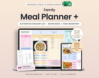 Weekly Meal Planner Spreadsheet Recipe Organizer Family Meal Prep Planner Calorie Tracker Google Sheets Excel Grocery List Food Inventory