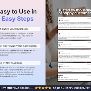 Pode incluir: An&uacute;ncio de um produto digital com o texto "F&aacute;cil de usar em 3 passos simples". As etapas incluem inserir a moeda, personalizar as categorias e acompanhar o patrim&ocirc;nio l&iacute;quido. A imagem tamb&eacute;m apresenta avalia&ccedil;&otilde;es de clientes e o texto "60.000+ CLIENTES SATISFEITOS".