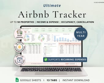 Könnte beinhalten: Ein Laptop-Computer zeigt eine Google Sheets-Tabelle mit dem Titel "Ultimate Airbnb Tracker" an. Die Tabelle ist so konzipiert, dass sie Einnahmen, Ausgaben, Belegung und Stornierungen für bis zu 50 Immobilien verfolgt. Die Tabelle hat 13 Registerkarten und unterstützt wiederkehrende Ausgaben. Die Tabelle steht zum sofortigen Download bereit.