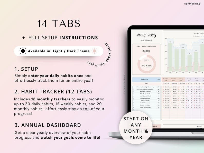 May include: A digital planner with 14 tabs, including a habit tracker with 12 monthly tabs, an annual dashboard, and a daily habit progress chart. The planner is available in light or dark theme and can be started on any month and year. The text "2024-2025" is visible on the screen.