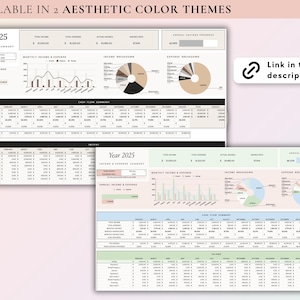 May include: Two versions of a printable budget spreadsheet for the year 2025. The top version has a black and brown colour scheme, while the bottom version has a green and pink colour scheme. Both versions include sections for income and expense summaries, monthly income and expenses, income breakdown, expense breakdown, and cash flow summary.