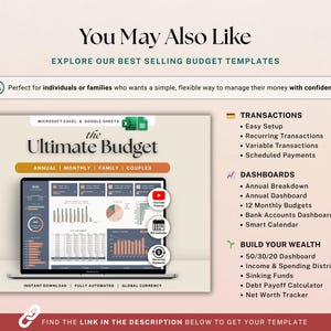 May include: A digital budget template displayed on a laptop screen. The template is titled "The Ultimate Budget" and includes sections for annual, monthly, family, and couples budgets. Features include transaction tracking, dashboards, and wealth-building tools.