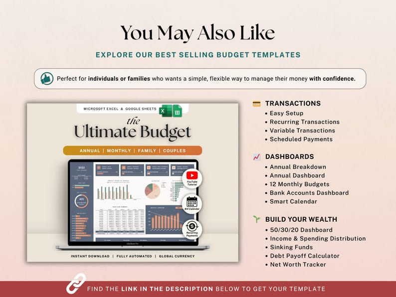 May include: A digital budget template displayed on a laptop screen. The template is titled "The Ultimate Budget" and includes sections for annual, monthly, family, and couples budgets. Features include transaction tracking, dashboards, and wealth-building tools.