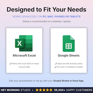 May include: A digital graphic titled Designed to Fit Your Needs, featuring icons for Microsoft Excel and Google Sheets. Text indicates compatibility with PC, Mac, phones, or tablets, and notes that it works with Excel 2024 or newer and Google Sheets.