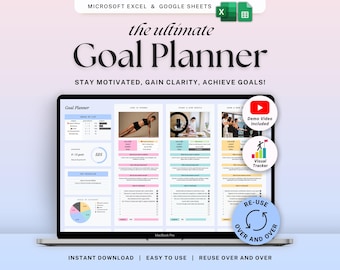 Goal Planner Google Sheets Excel Simple Goal Tracker Spreadsheet SMART Goal Setting Template Annual Vision Board 2026 New Year's Resolutions