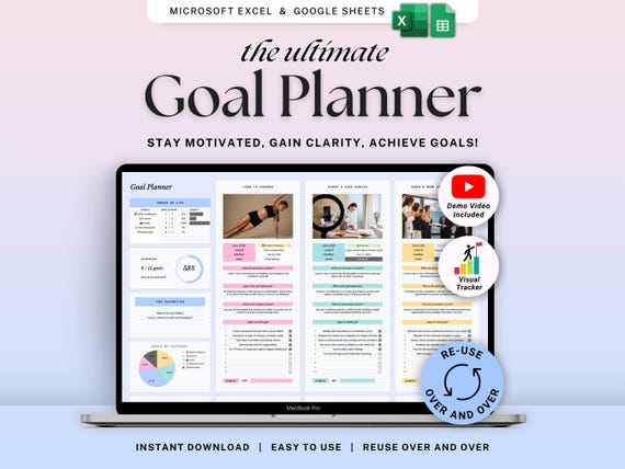 Goal Planner Google Sheets Excel Simple Goal Tracker Spreadsheet SMART Goal Setting Template Annual Vision Board 2026 New Year's Resolutions
