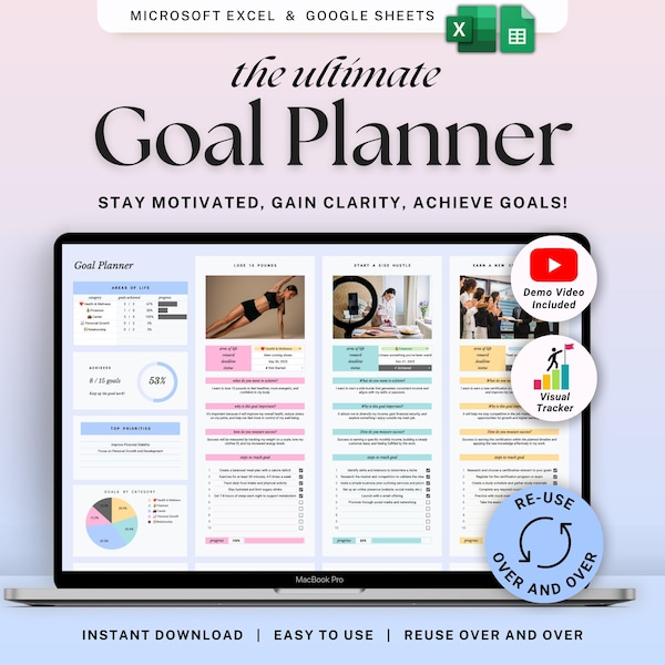 Goal Planner Google Sheets Excel Simple Goal Tracker Spreadsheet SMART Goal Setting Template Annual Vision Board 2026 New Year's Resolutions