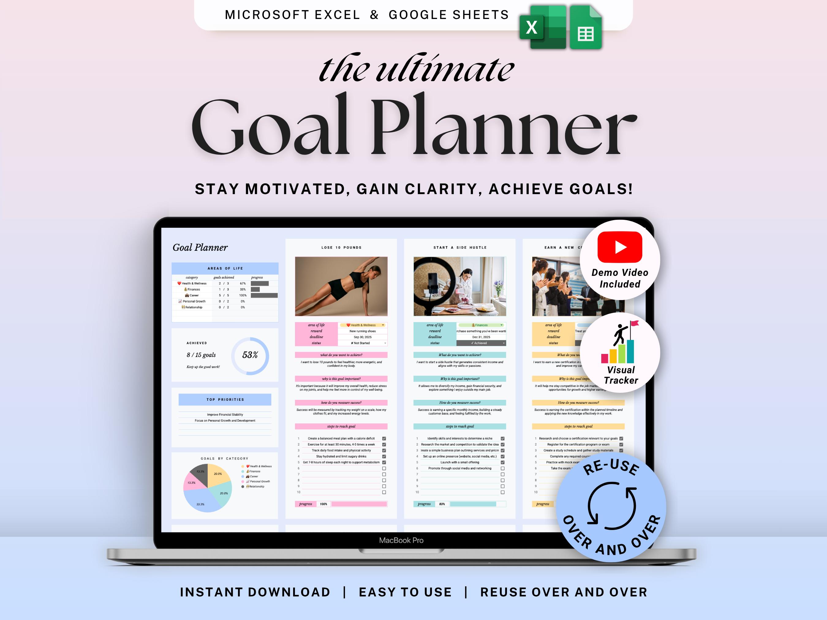 Goal Planner Google Sheets Excel Simple Goal Tracker Spreadsheet SMART ...